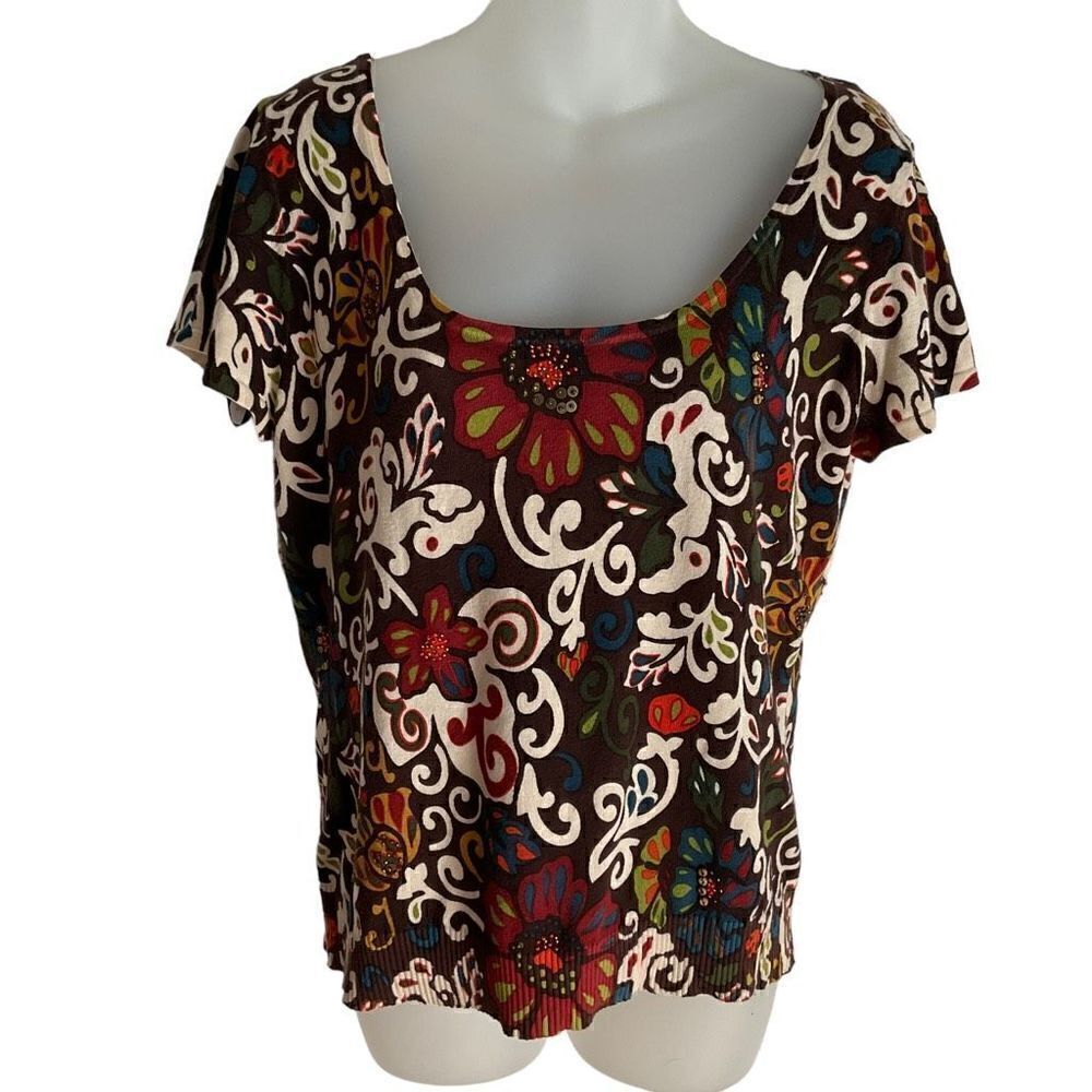 Lafayette 148 New York Blouse T-shirt Sequined Beaded Floral Tan Brown Red Large